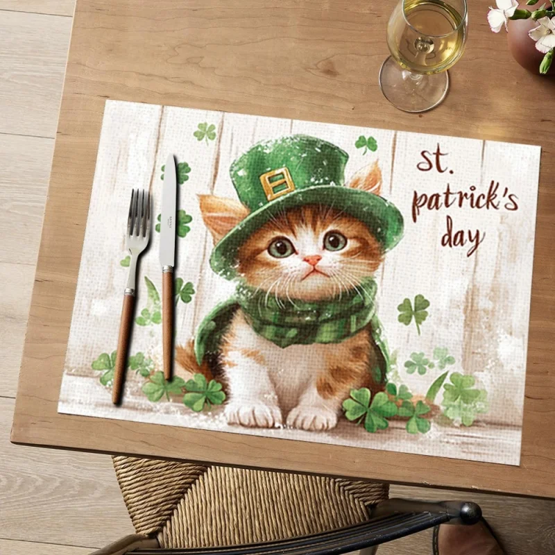 Santa Hat Kitten Placemats, Brick Wall Snow Scene Printed Linen Table Mats, Winter Xmas Table Decor