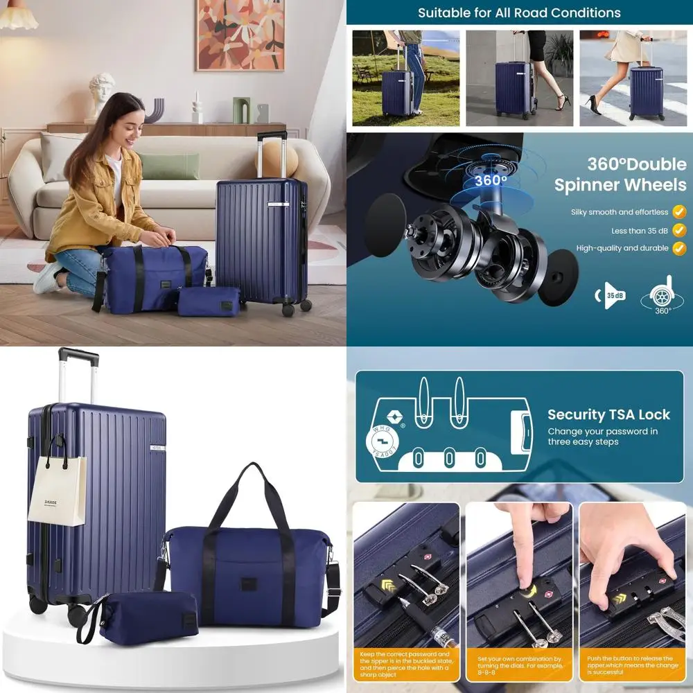 3-Piece Spinner Luggage Set with TSA Lock, 20 ABS+PC Hard Shell Carry-On Suitcase for Travel, Dark Blue