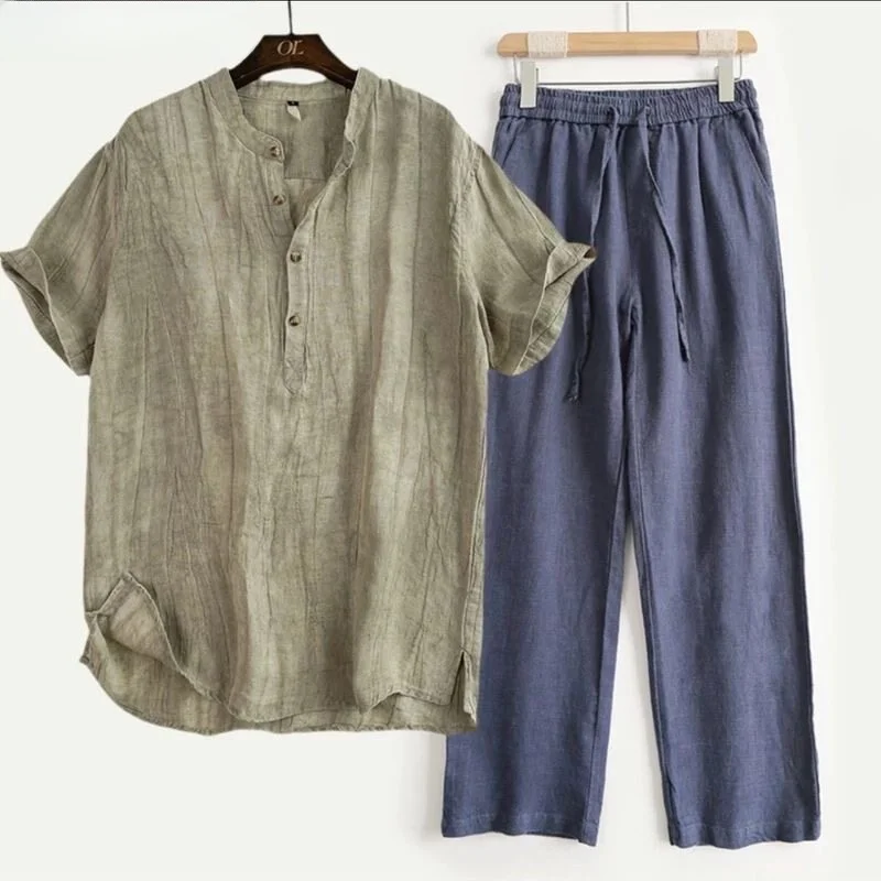 Khaki top + navy blue pants