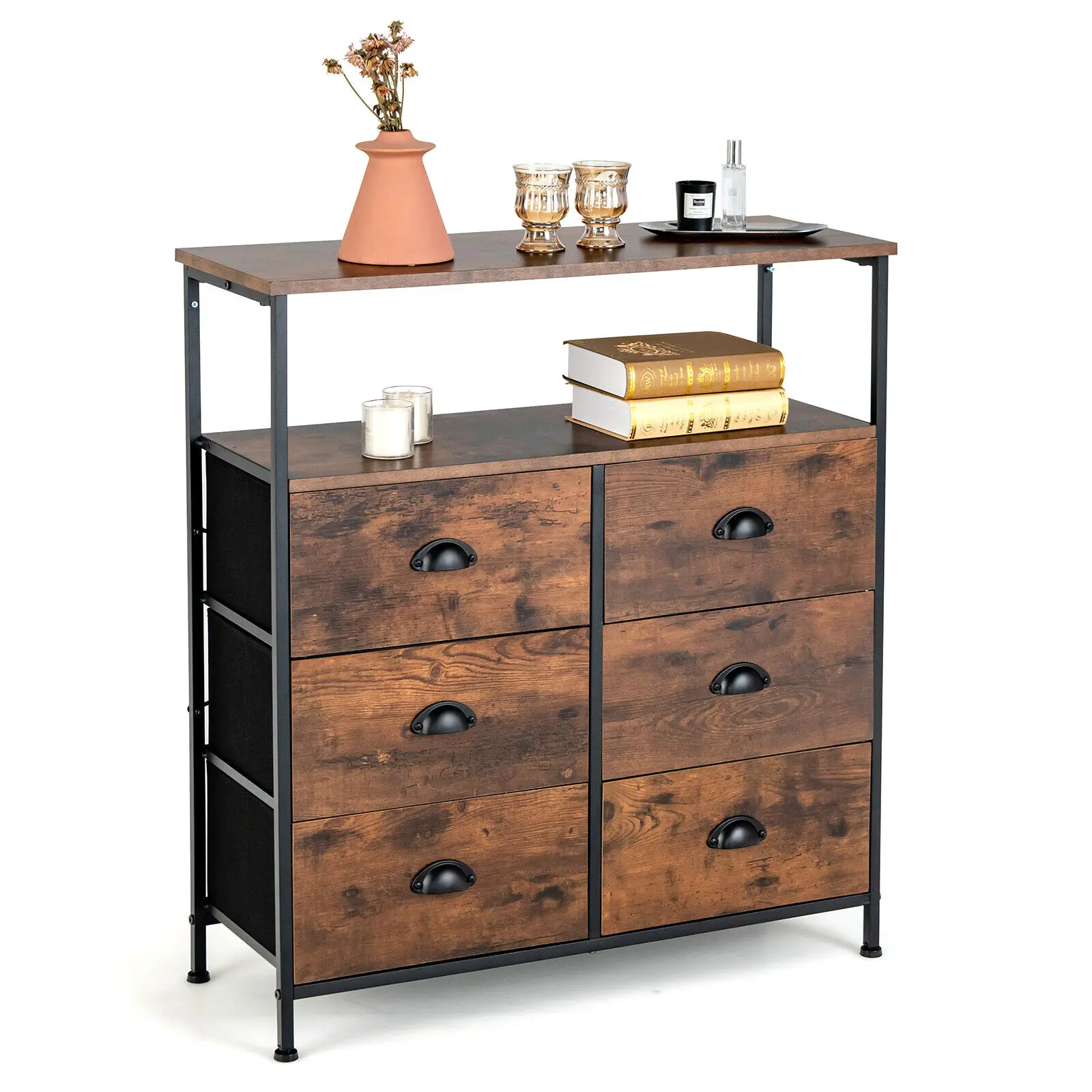 Costway 6-Drawer Dresser 2-Tier Fabric Storage Tower w/wooden Top Chest Organizer Unit