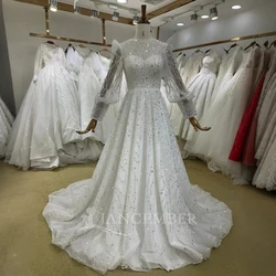 Vintage Glitter Wedding Dresses Long Sleeves Pleated Shiny Ball Gown Backless Bridal Gowns Sparkly Bride Dress vestidos de novia