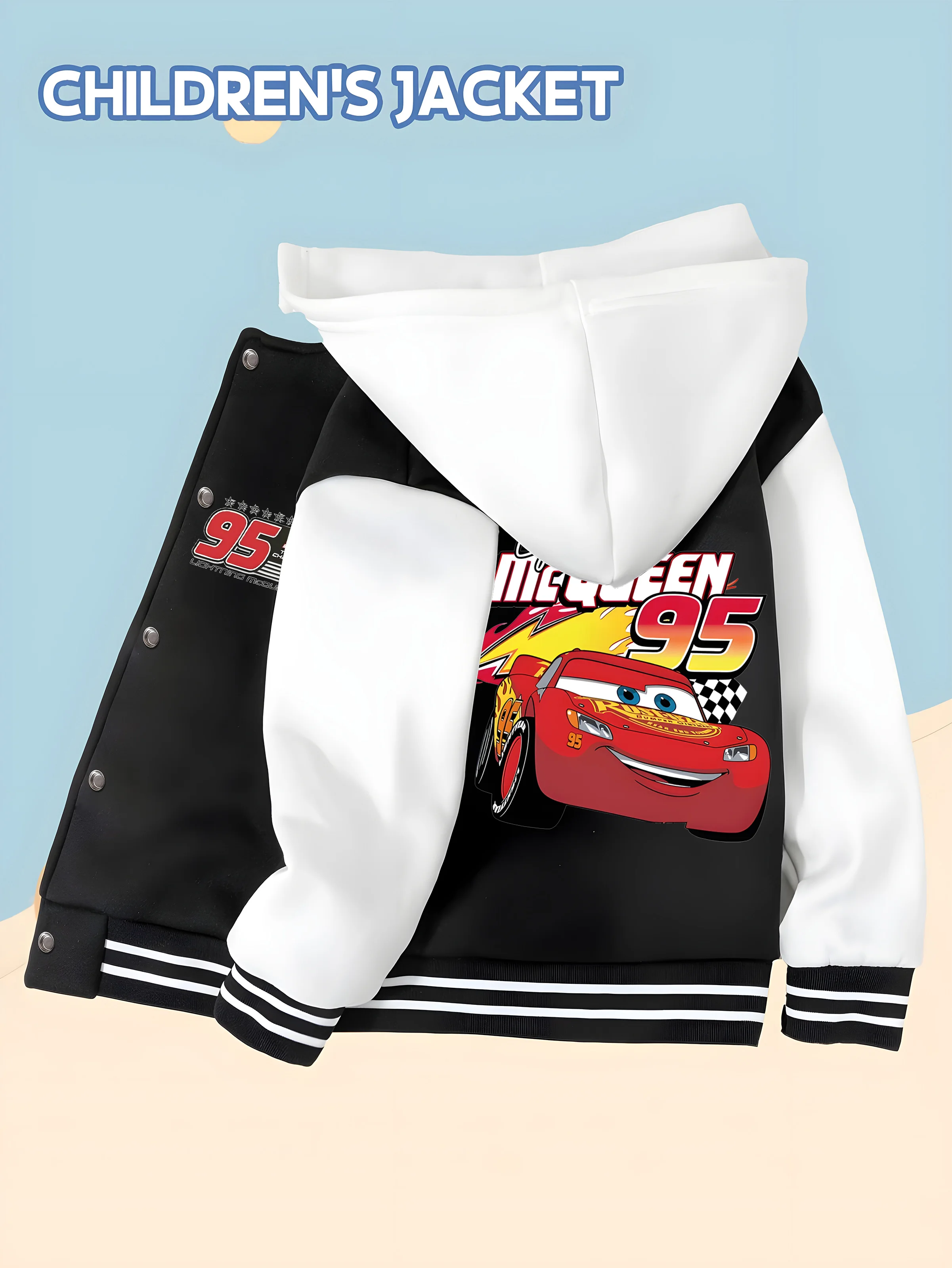 

MINISO Cars McQueen Baseball Jacket for Boys - Double-sided racing print, perfect for car enthusiasts to wear to school