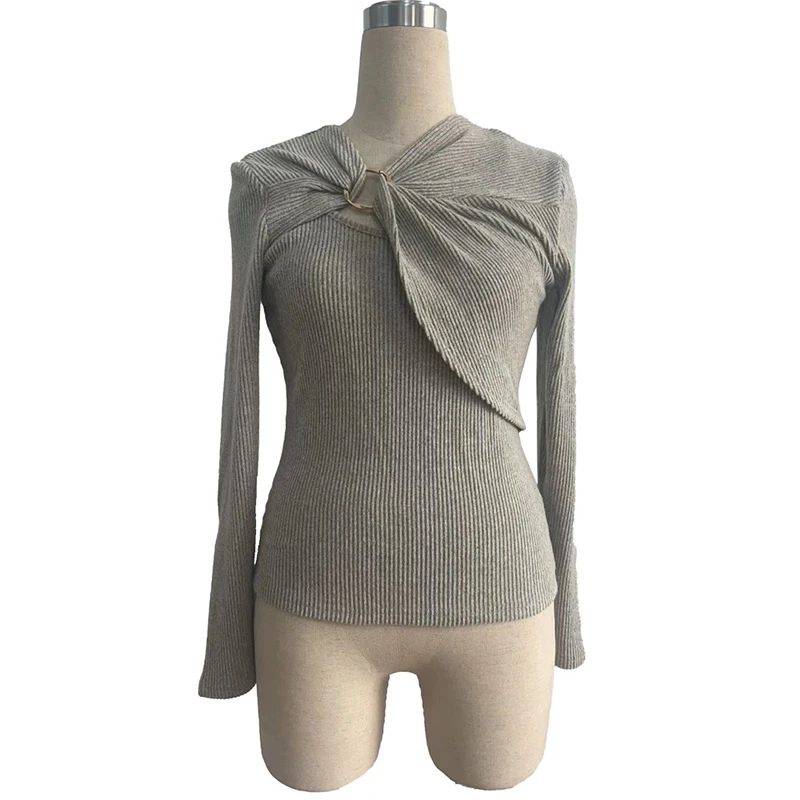 2022، جديد، أوروبي، ملابس، شتاء، دافئ، غير منتظم، تي شيرت، أنيق، مثير، مجوف، زر معدني، نسائي، بلايز، كم طويل، تي شيرت، 512007 #3