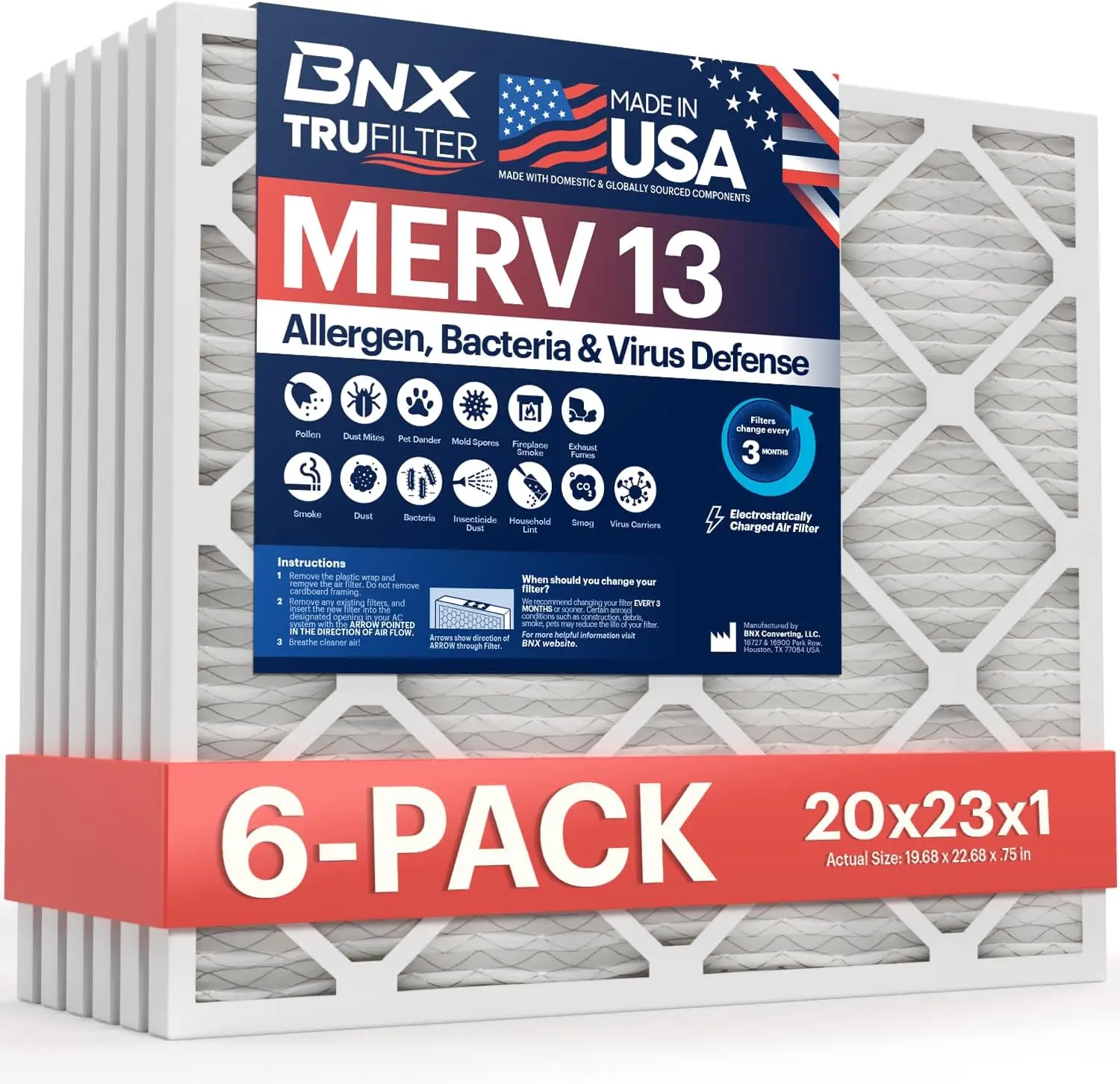 

Air Filter MERV 13 (6-Pack) - MADE IN USA - Electrostatic Pleated Air Conditioner HVAC AC Furnace Filters for Allergies