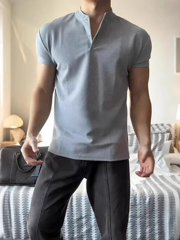 

ay Fitn Henry Collar ort Sve irt American Sle Summer T-irt oulder Fit Muscle Display Casual Cotton Tee