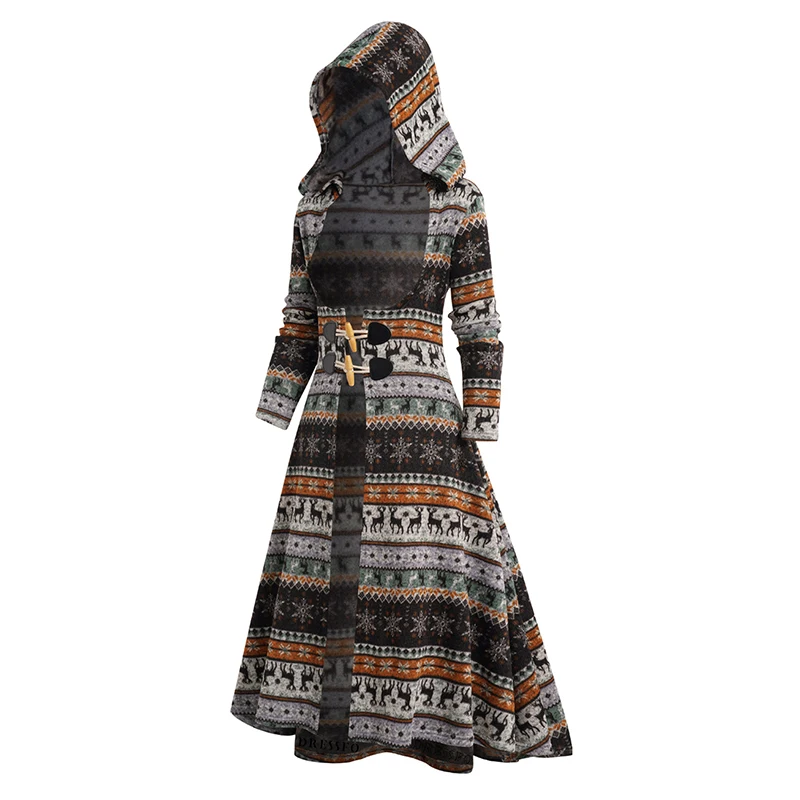 Dressfo Womens Snowflake Elk Tribal Pattern Flocking Lining Knit Longline Hooded Coat Horn Button Open Front Knitted Coat Tops