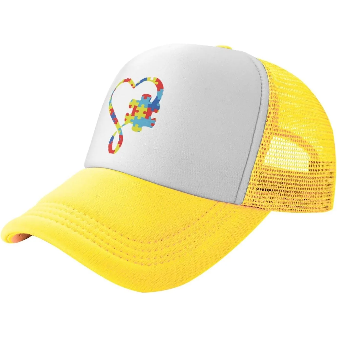 Autism Awareness Puzzle Heart Trucker Hat Breathable Mesh Snapback Cap Unisex Outdoors