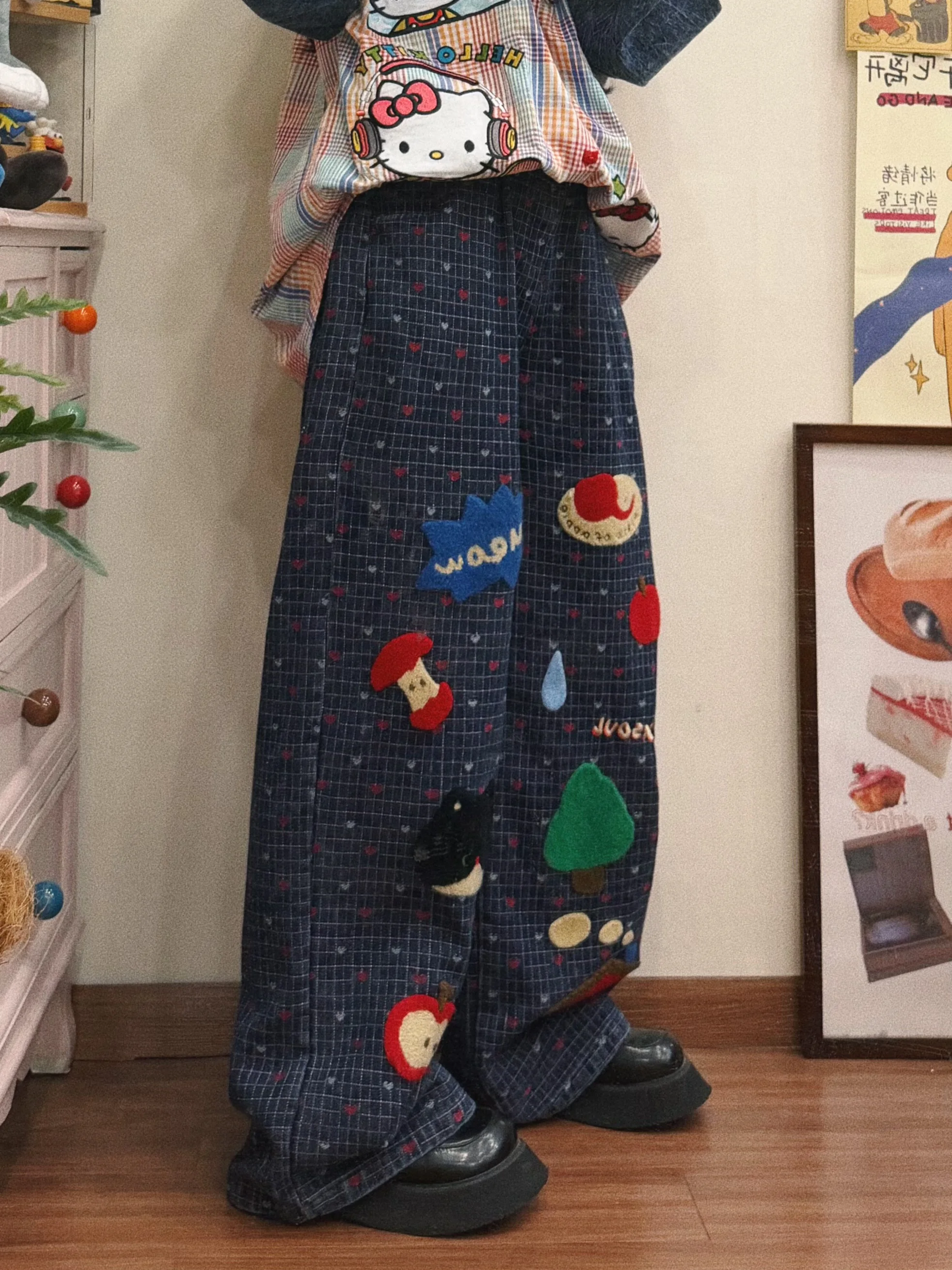 

Женские широкие брюки BIBULU в стиле ретро с вышивкой и мультяшным принтом, свободные повседневные хлопковые брюки с высокой талией и прямыми штанинами