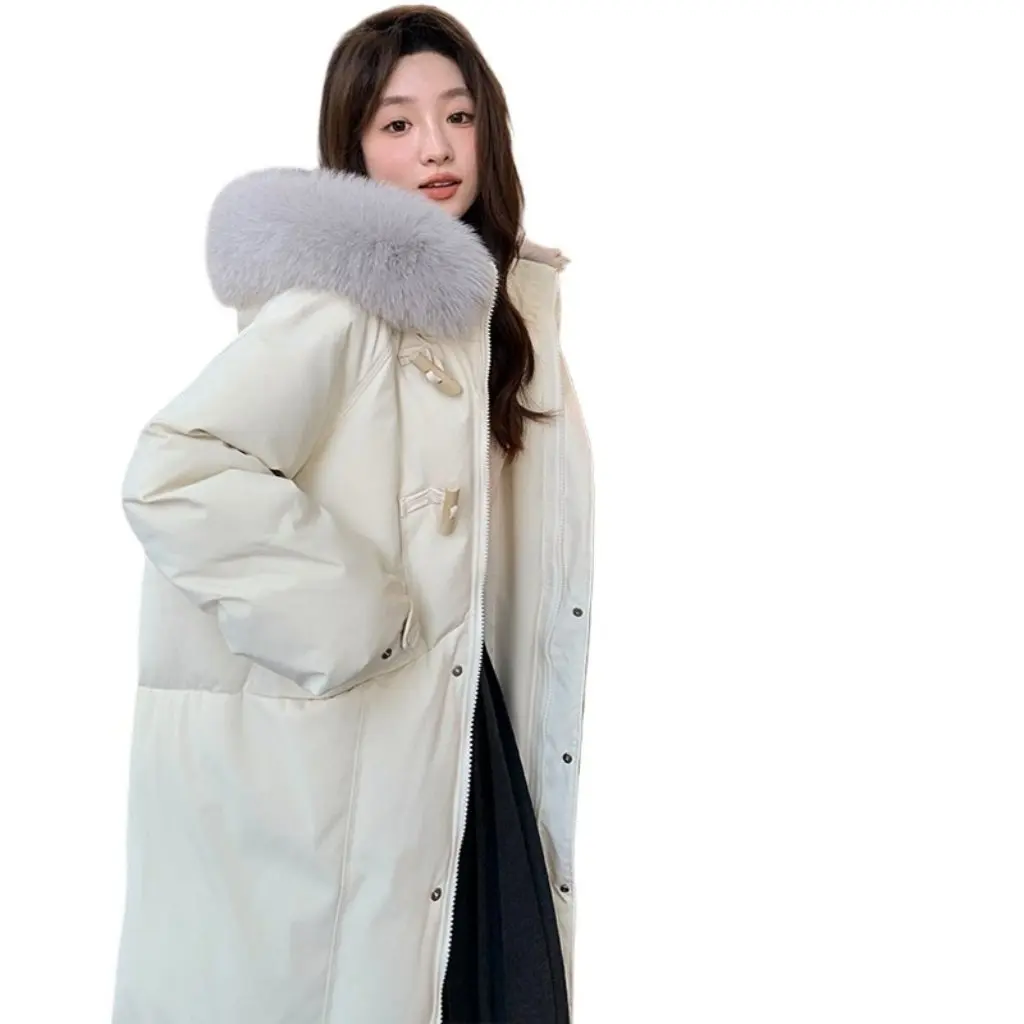 

Women's Mid-Length Down Cotton Jacket Thickened Winter Coat With Large Fur Collar Fashionable Over-Knee Outerwear