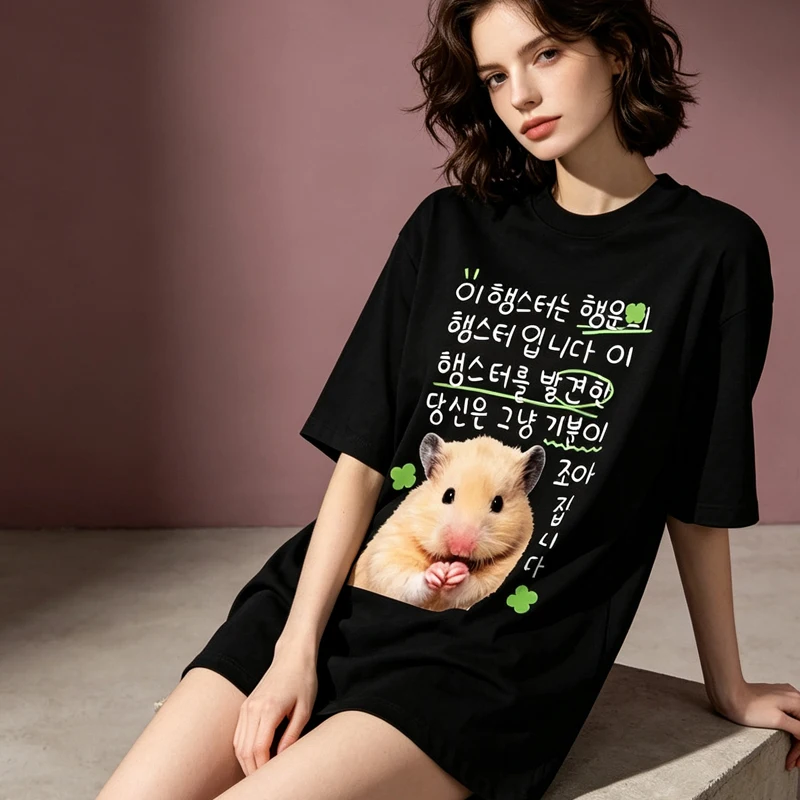T-shirt Women Versatile Korean Lucky Hamster Short-sleeved Printed Cute Kawaii Graphic Casual Streetwear Tops Y2k