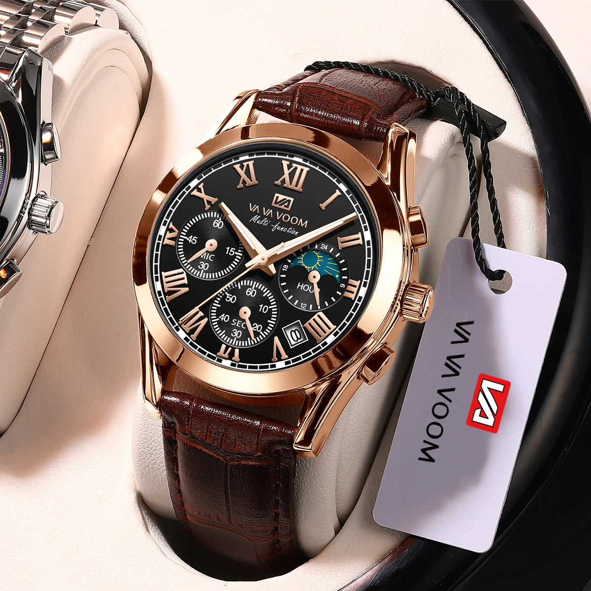 

Часы для мужчин в стиле милитари, многофункциональные часы с таймером, ночник, звездный лунный циферблат, модные кожаные часы для бега