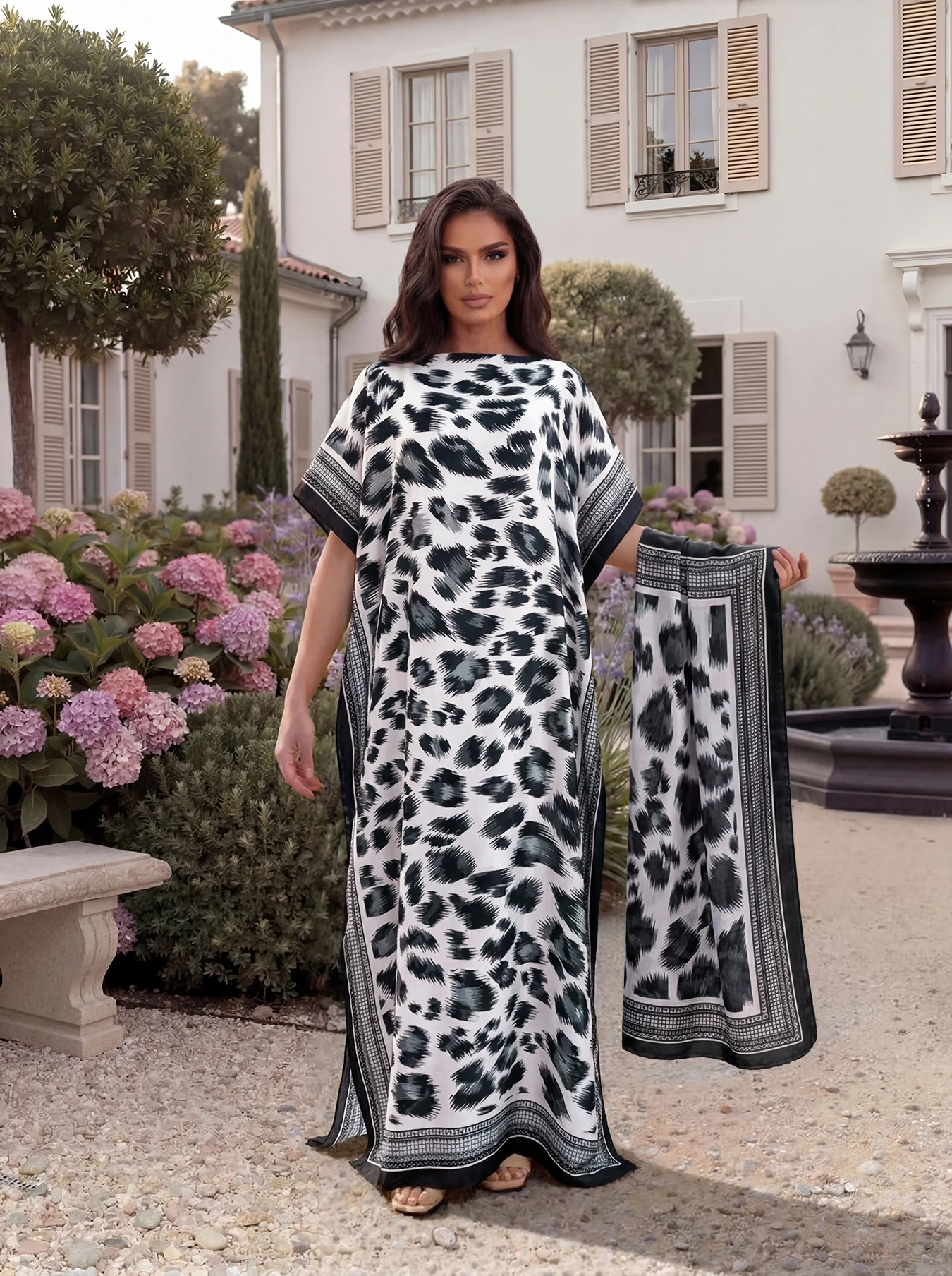 Leopard Print Ethnic Border Satin Abaya Scarf Set, Loose Batwing Maxi Kaftan For Muslim Women Summer Beach Vacation Wear
