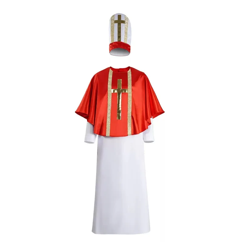 Medieval Priest Cosplay Costume Set Red Cloak White Long Robe with Hat for Halloween Carnival Party Stage Role‑Play Outfit