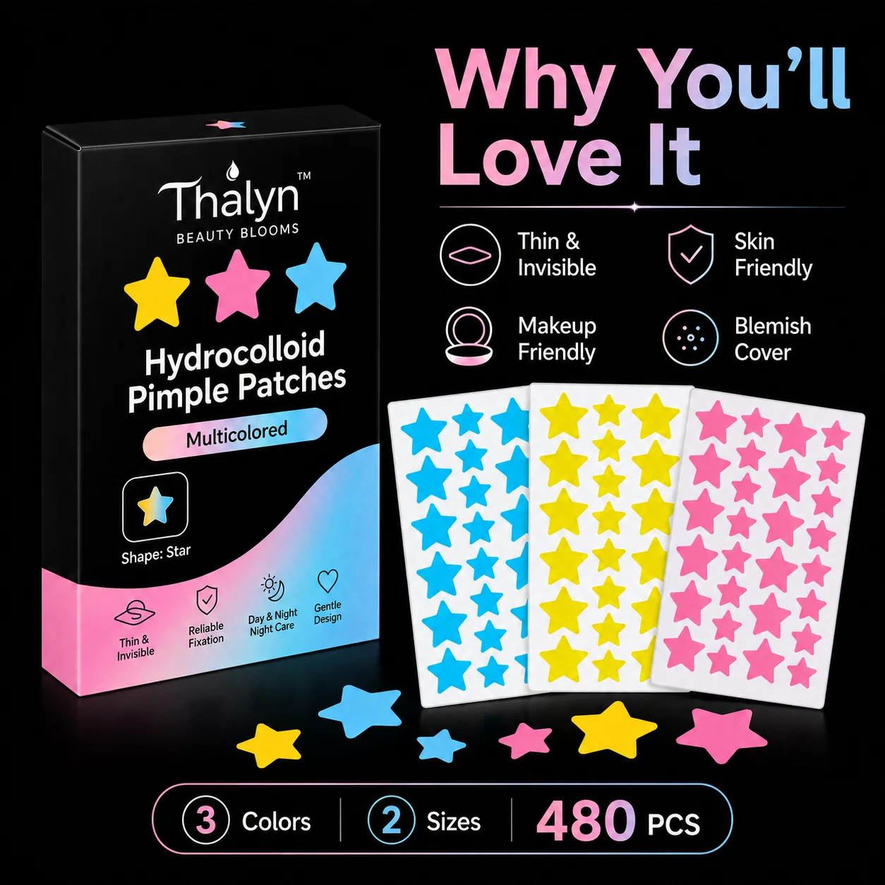 480PCS Colorful Star Pimple Patches Yellow Blue Pink Acne Patch Invisible Makeup Skin Cover Sticker Cute Beauty Patch - view 4