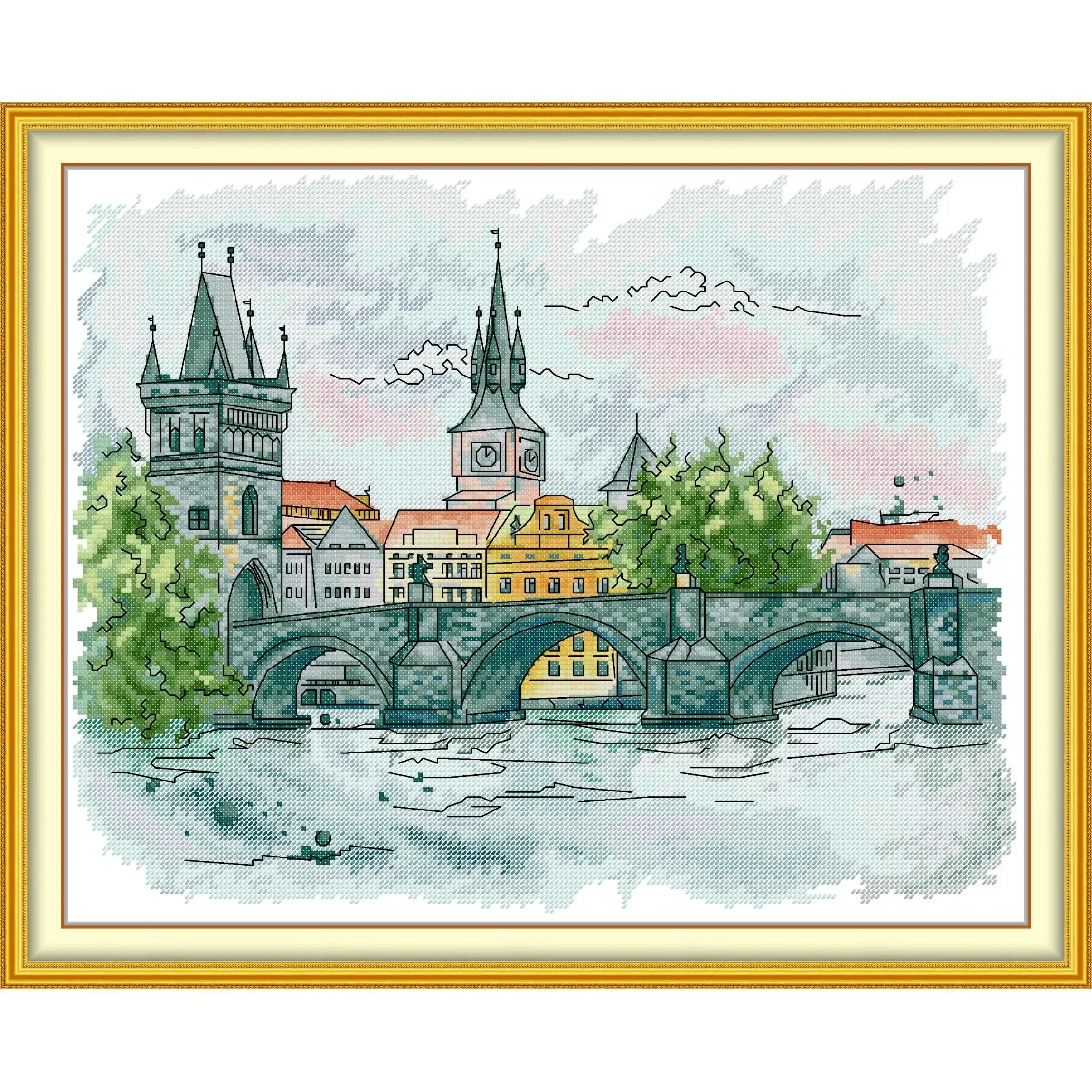 Joy Sunday Pre-printed Cross Stitch Kit  Easy Pattern Aida  Stamped Fabric Embroidery Set-Charles Bridge