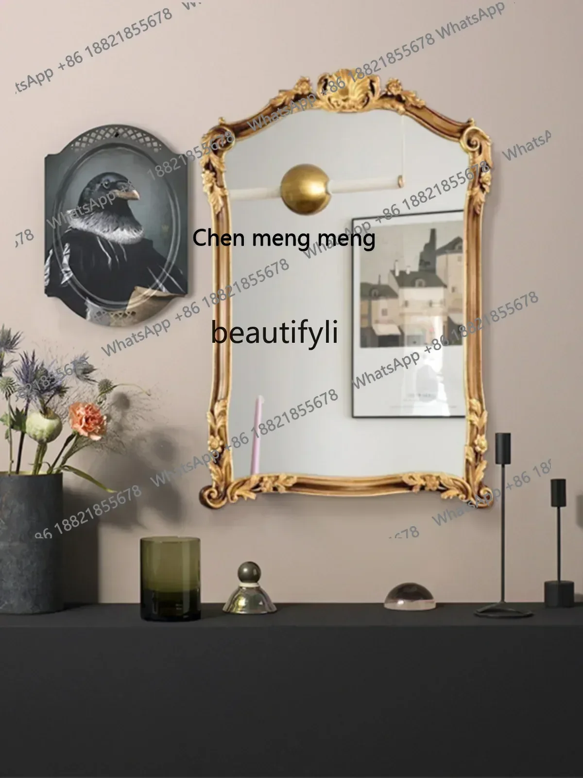smt7486 new  ssNeoclassical carved mirror entrance retro, bedroom dressing, square wall, dining room decoration, wall-mounted mi