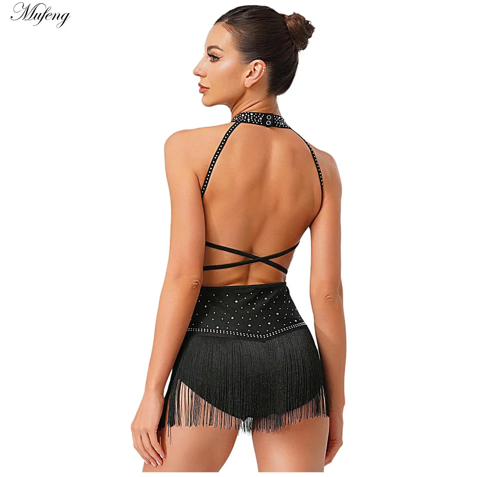 Women Dance Rhythmic Dresses Sleeveless Mock Neck Backless Rhinestones Tassels Leotard for Latin Cha-Cha Gymnastics Competition