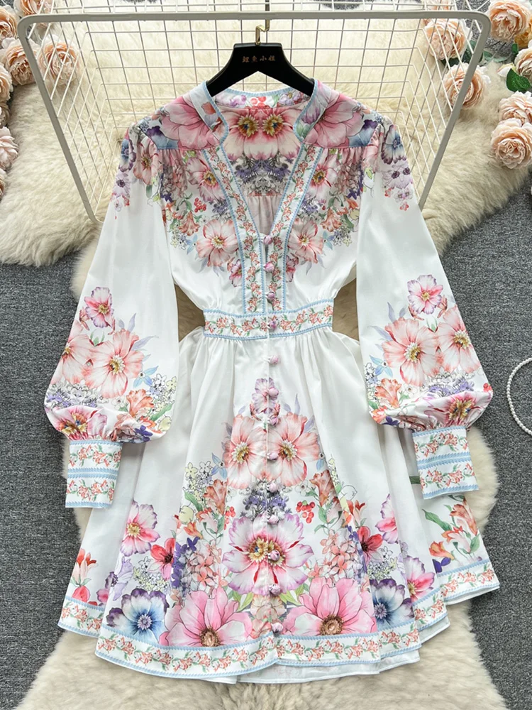 Spring Dresses 2024 Women Fashion Elegant Vintage Floral Print Dress V Neck Front Button Up Long Sleeve Holiday Mini Dress Woman