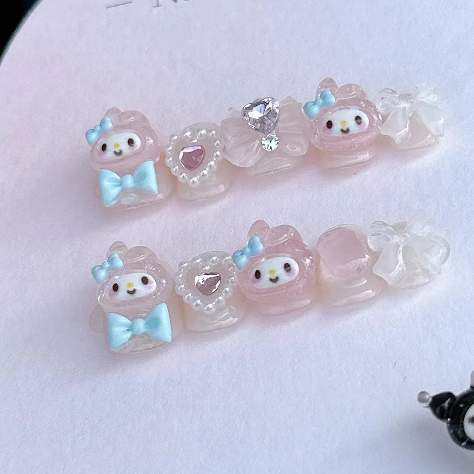 Kawaii Sanrios Mymelody Cartoon Fake Nails Short Detachable Finished Fingernails Anime Doll Wearable False Nail For Girls