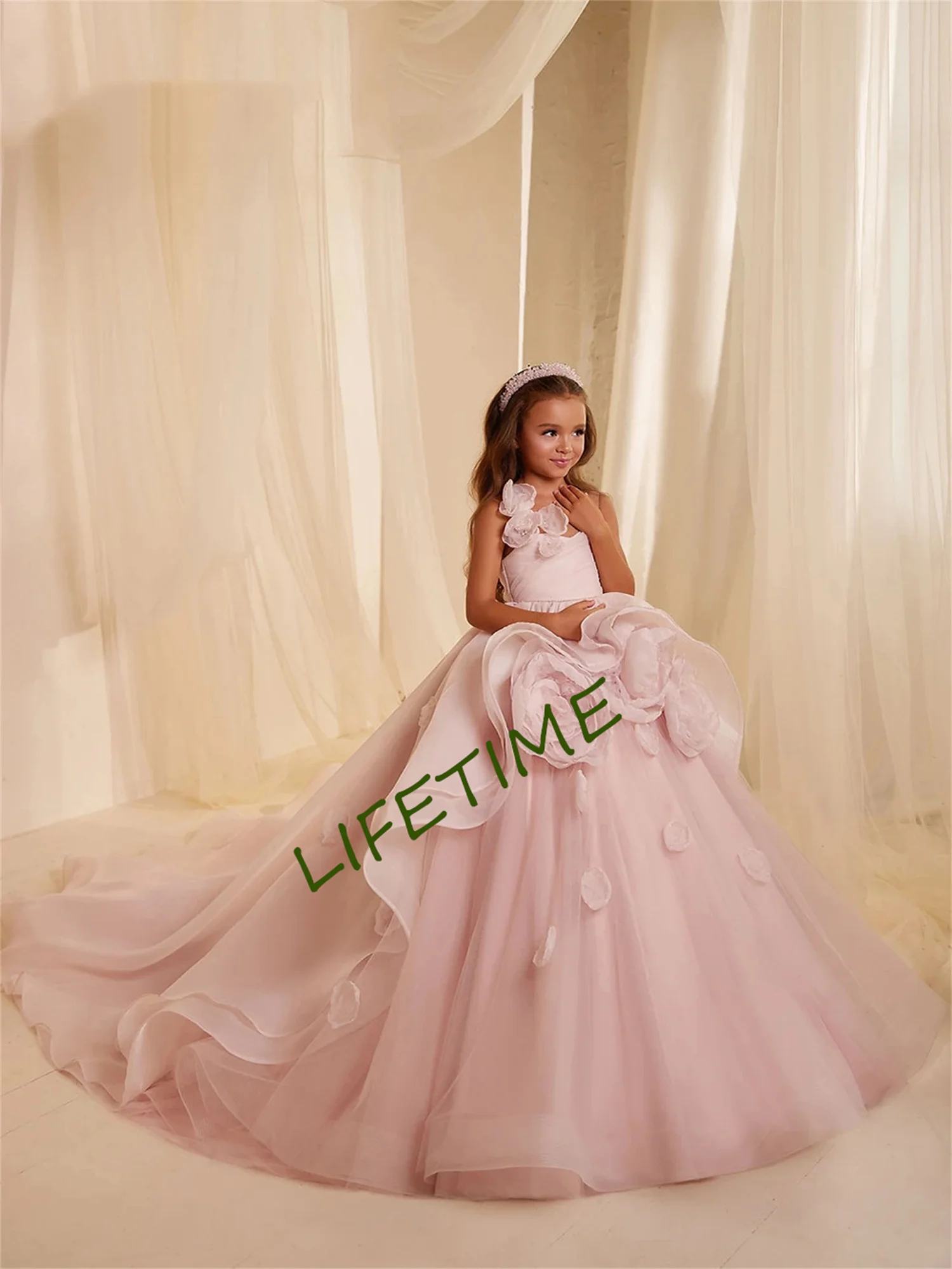 Pink Flower Girl Dress Puffy Wedding Party Dresses Cute Baby Girl Dress Princess Dress First Communion Gown Ivory