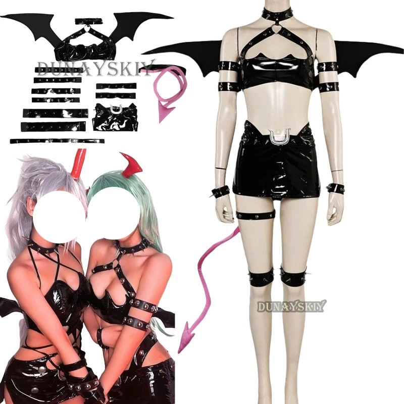 

Anime Panty & Stocking with Garterbelt Cosplay Costume Scanty Kneesocks Devil sisters Sexy Jumpsuits PU Leather Suit