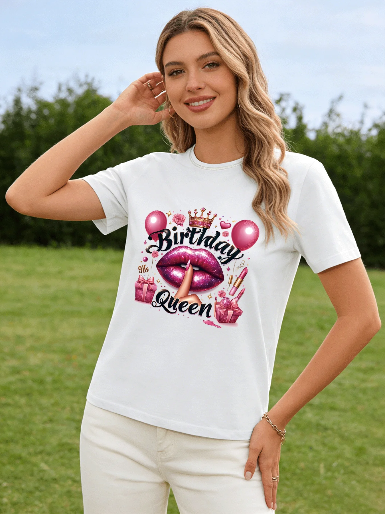 

Birthday Queen T-shirt Women's Glittering Lip Pattern T-shirt 2026 Spring/Summer New Casual Round Neck Short Sleeve Top