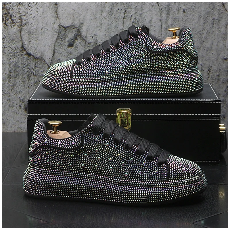 New 2023 Autumn Men Platform Shoes rhinestones Thick-soled Black Silver Shoes Shining Crystal Sneakers Trend Casual Sneakers