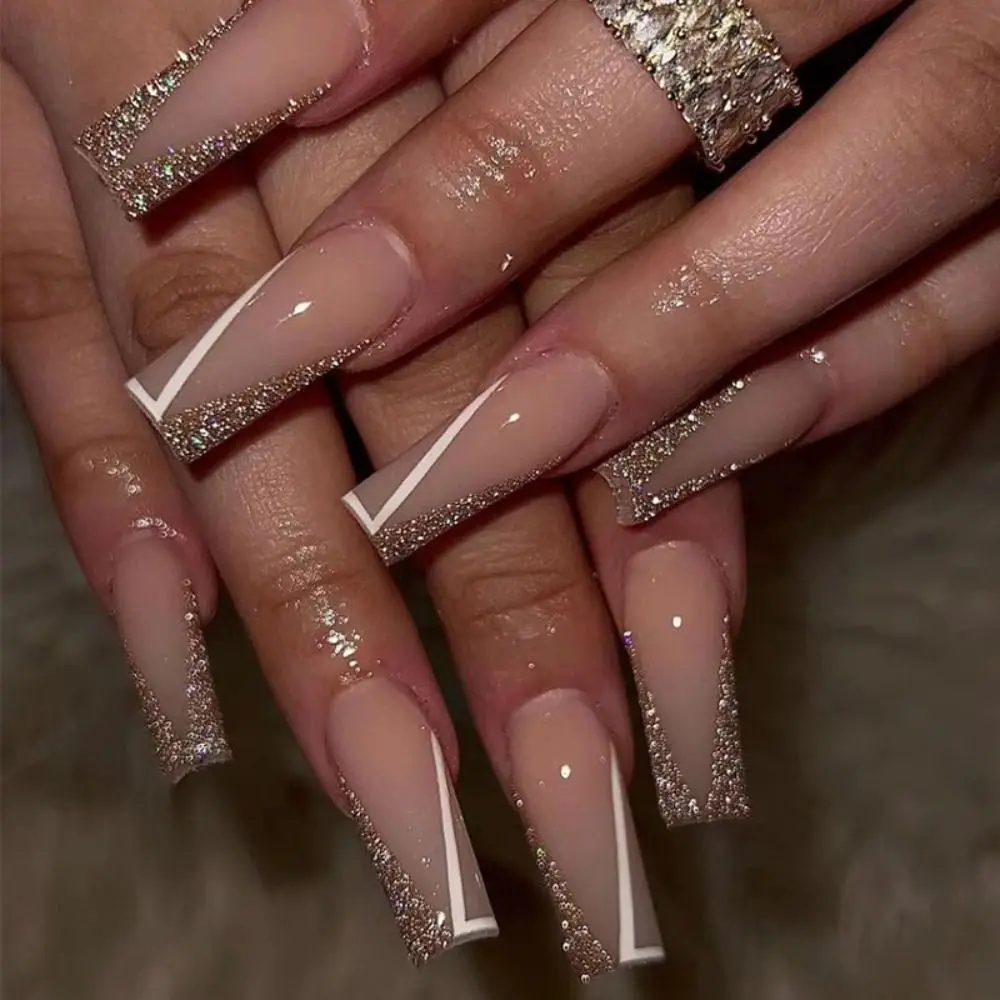 24pcs Manicure Nail Tips Press on Nails  Full Cover Love Heart Cloud Fake Nails Long French Ballerina