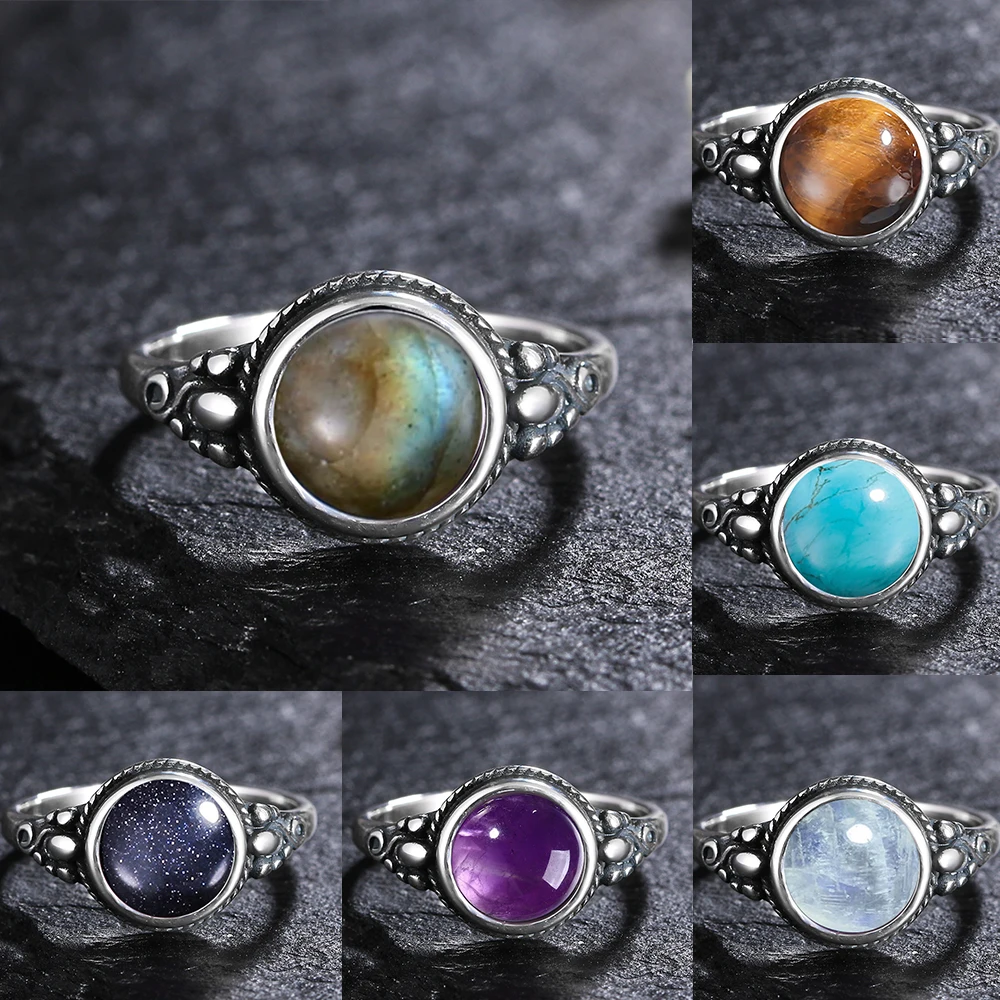 

S925 Sterling Silver Rings Natural Moonstone Labradorite Stone Vintage Ring for Women Party Gifts Fine Jewelry