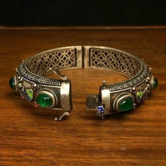 

handmade Tibetan silver inlaid jade cupronickel bracelet ethnic style handmade vintage Miao silver cupronickel open bracelet