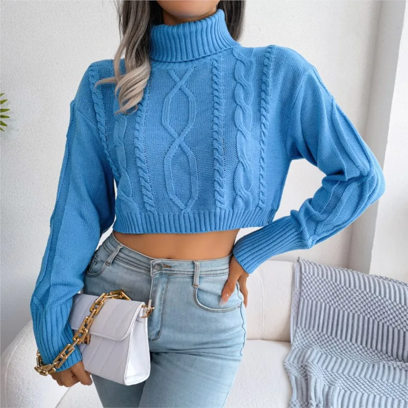 Autumn And Winter High Collar Fried Dough Twists Long Sleeve Sweater Knitwear Women's Clothing Exposed Umbilical Top Blue Grey 