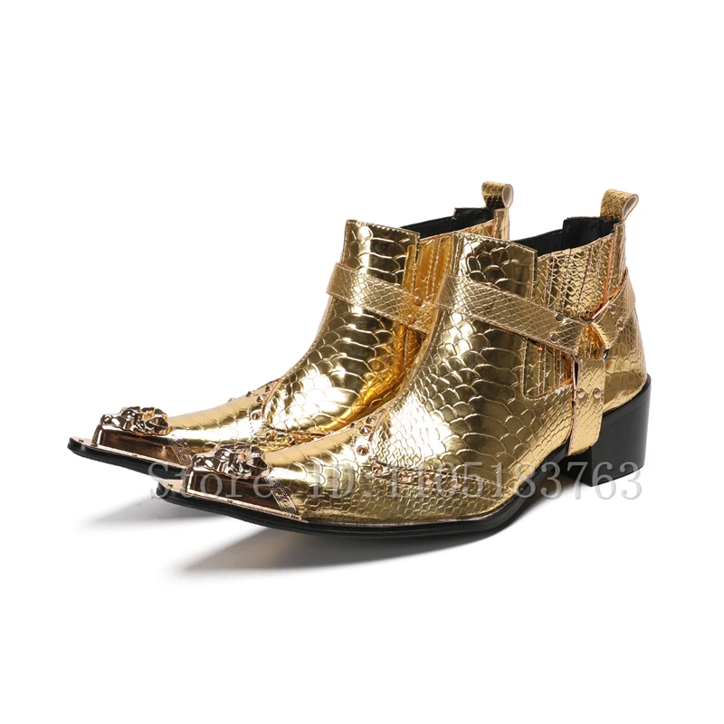Luxury Gold Snake Pattern Patent Leather Men Ankle Boots Pointed Toe Thick Heel Buckle Strap Short Boots for Party Stage Perform