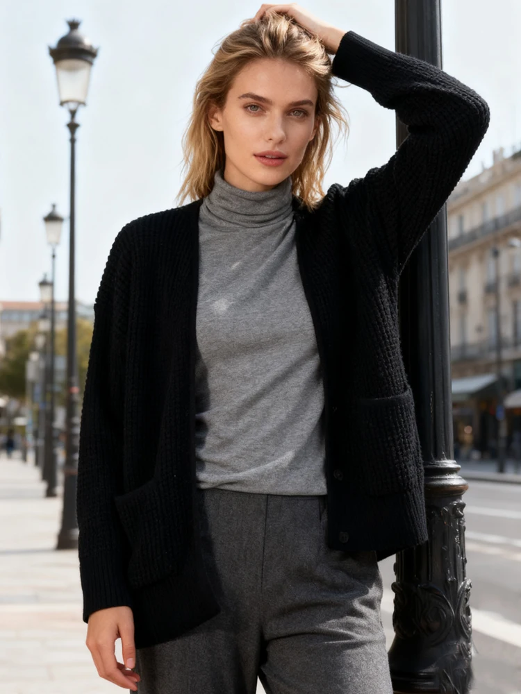 

Clearance Simple Black Pocket Buttonless Cardigan Top Autumn Winter Loose Warm Long Sleeve Knit Women's Sweater Outerwear On Sal