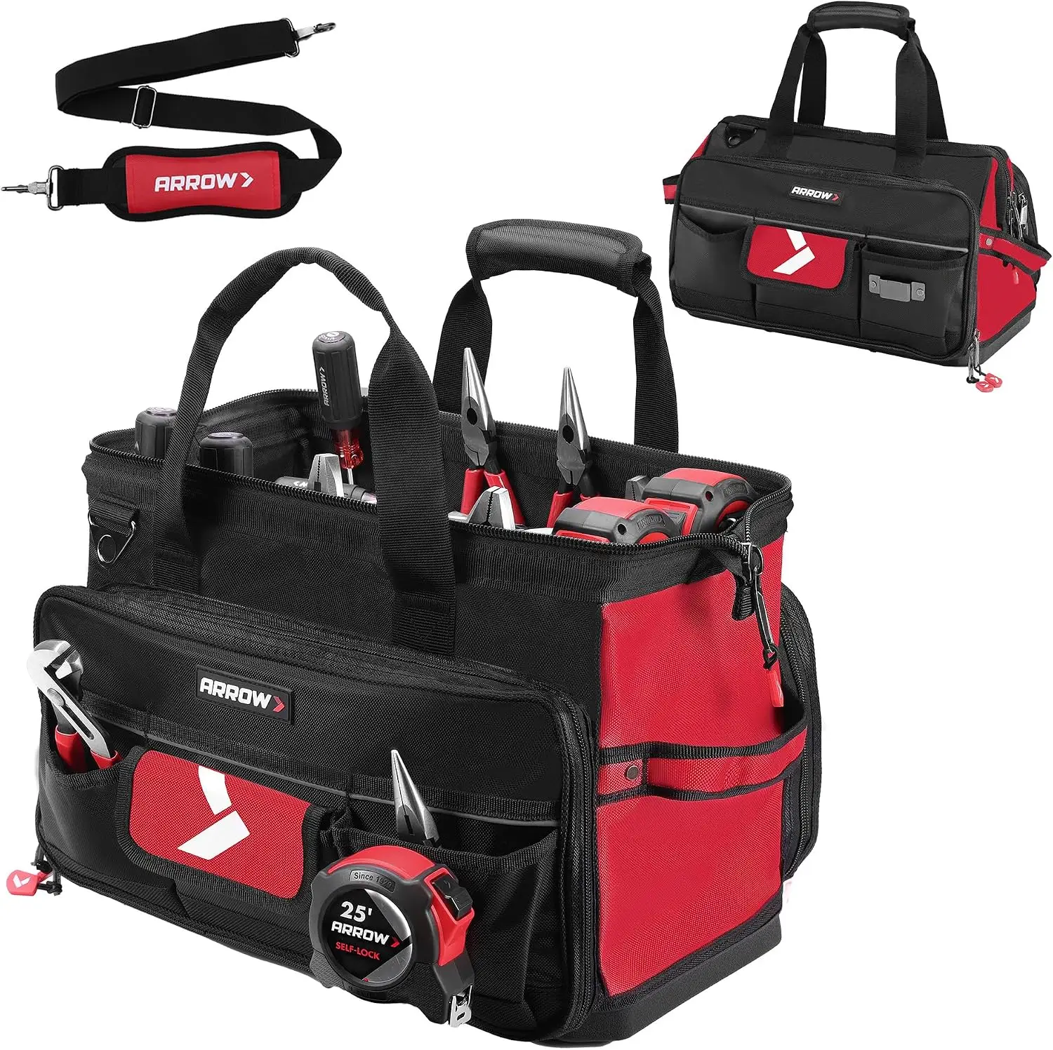 

17" Large Tool Bag with 36 Pockets, Heavy Duty Waterproof Base, Reflective Band, Wide Open Mouth for Electrician Mechanic Plumber HVAC