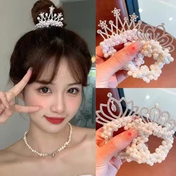 Pearl Crown Hairties White Pearl Beads Hair Scrunchies Elastic Beaded Ponytail Holder Crystal Princess Hair Rope Accessories