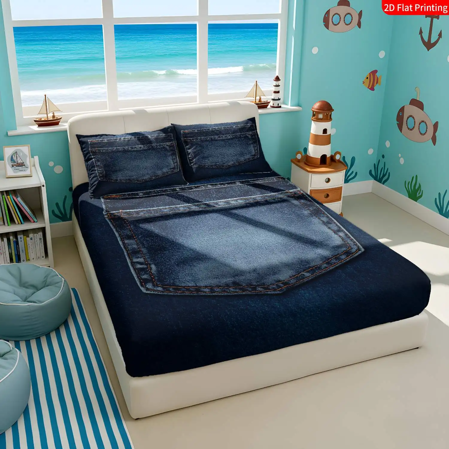 3-Piece Mattress Protector Set, 2D Flat Printed Fitted Sheet, Modern Denim-Themed Bedding, Purple-Blue Bedding Set, Home Bedroom Decoration, Holiday-Themed Fitted Sheet and Pillowcase, Mattress Protector, Stain-Resistant, Mattress Cover, Suitable for All Seasons, Machine Washable, Easy to Care For, Suitable for Home Bedroom Use, Essential for Dorms and Rentals, Master Bedroom and Guest Room Decoration, Dust-Proof and Stain-Resistant, High Elasticity, Fits Various Sizes
