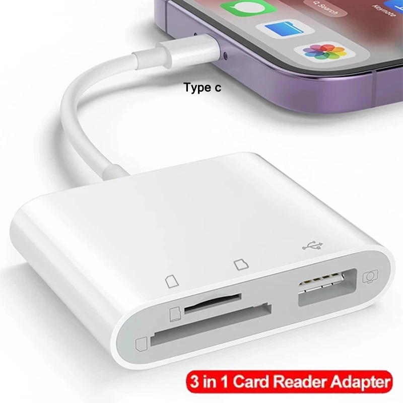 3-in-1 Type C Card Reader Micro SD TF Memory Card Reader External U Disk Adapter for iPhone 15 Serie Laptop Tablet OTG Converter