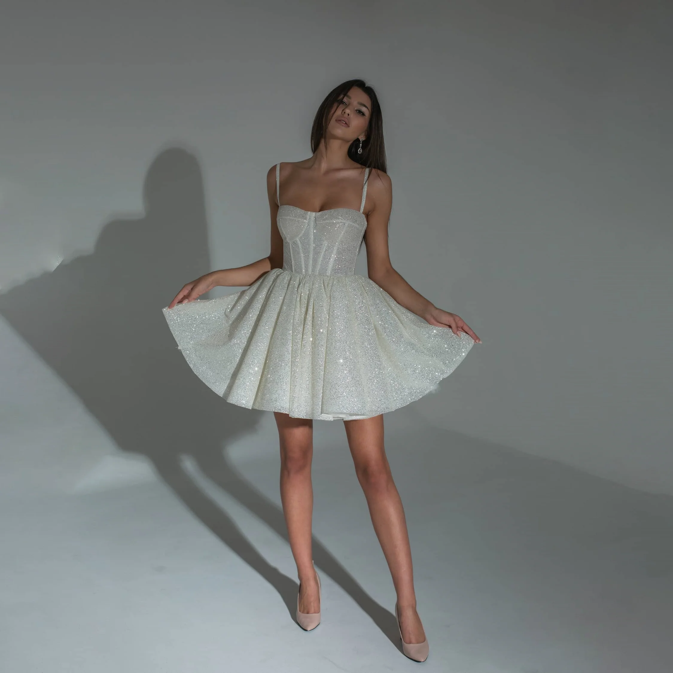 

Glamorous Short Mini Wedding Dress Spaghetti Straps Shiny Lace Bridal Gown A Line Silhouette Party Reception Dress Customized