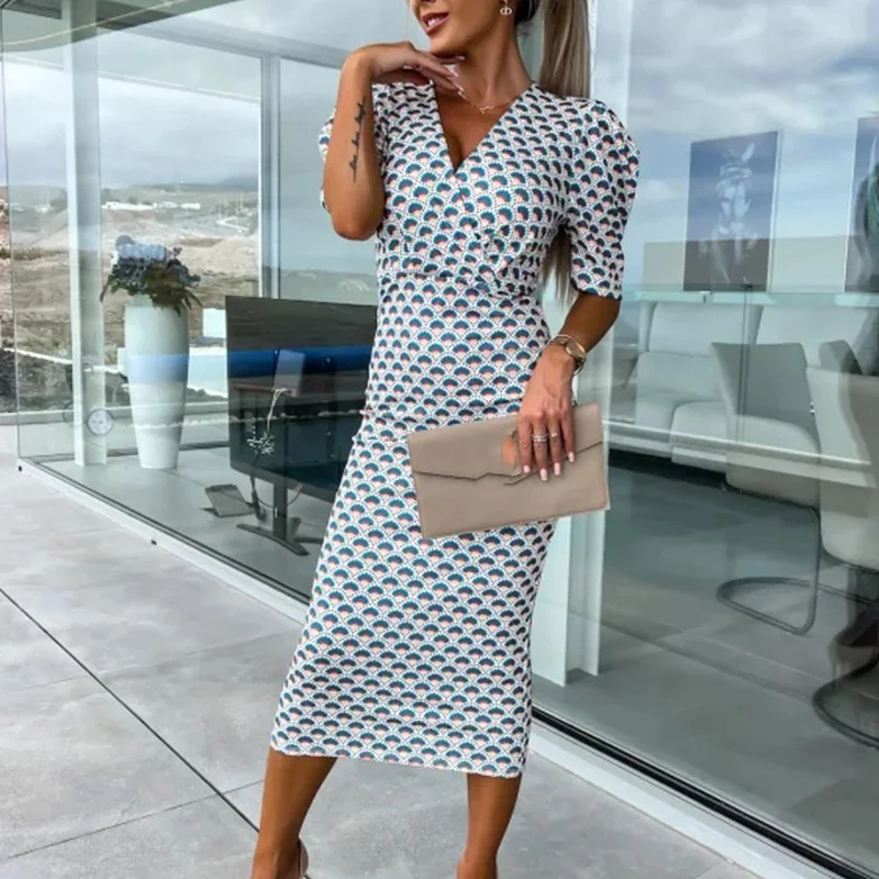 Sukienka z bąbelkowym rękawem Office Lady Sexy Wrap V-neck Midi Dress Women Summer Graphic Print Slim Party Dress Elegant Grace dresses