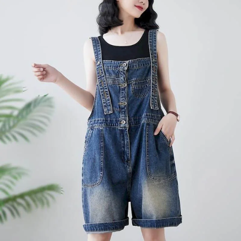 

Jumpsuits for Women Denim Vintage Casual Korean Fashion Solid Playsuits Loose Wide Leg Shorts One Piece Outfit Women Clothing