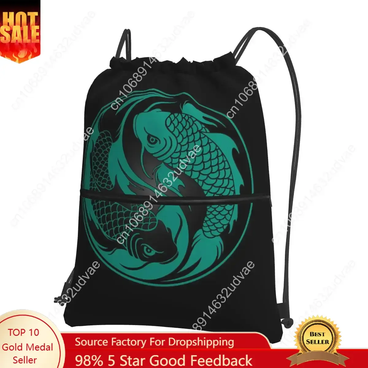 

Teal Blue And Black Yin Yang Koi Fish Backpacks Drawstring Bag Drawstring Bundle Pocket Shoes Bags For Travel Sport Man Woman