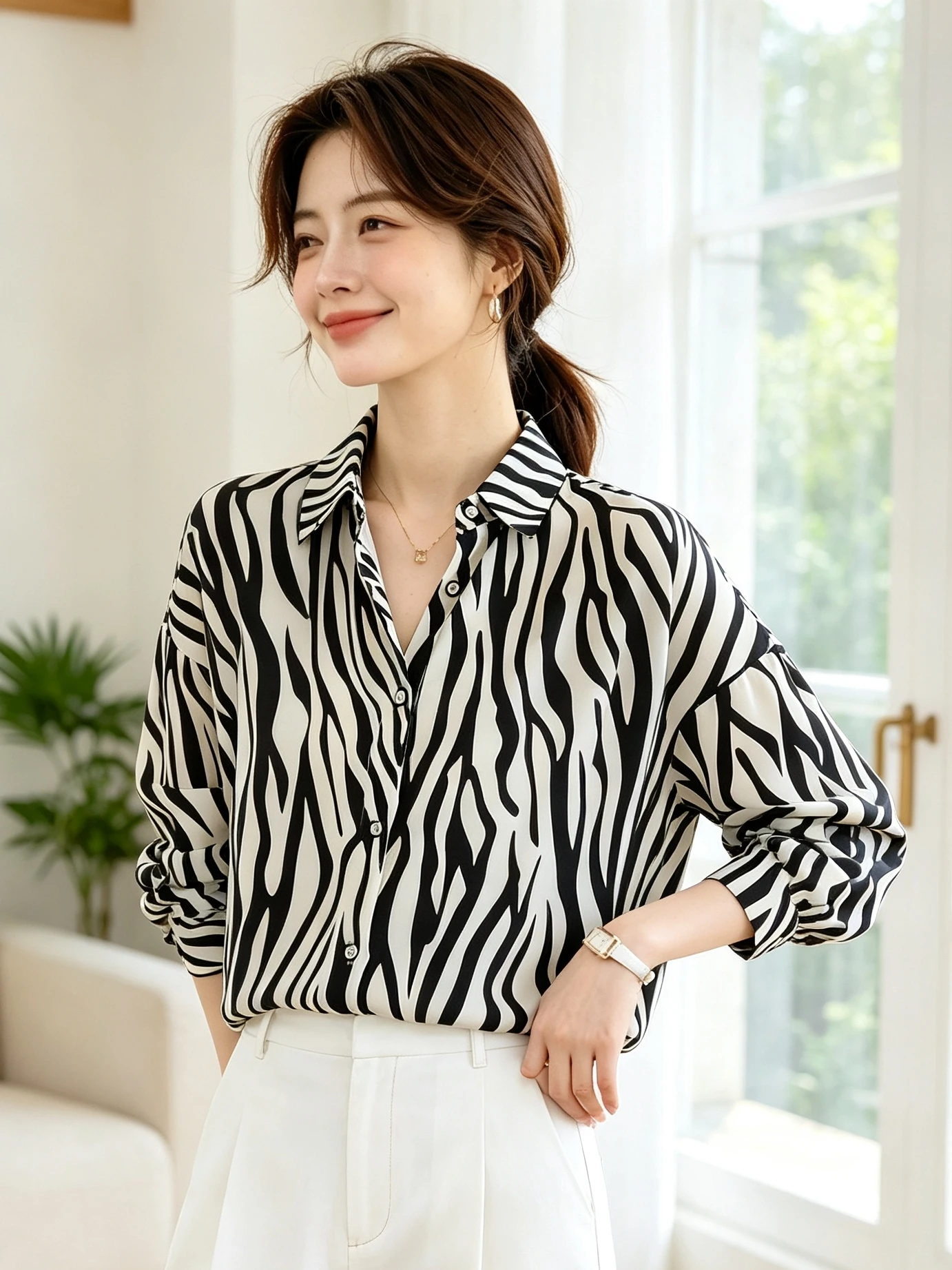 Women's Striped Print Long Sleeve Chiffon Shirt Autumn New Style Maternity Top Cover Belly Small Shirt Fashionable Versatile