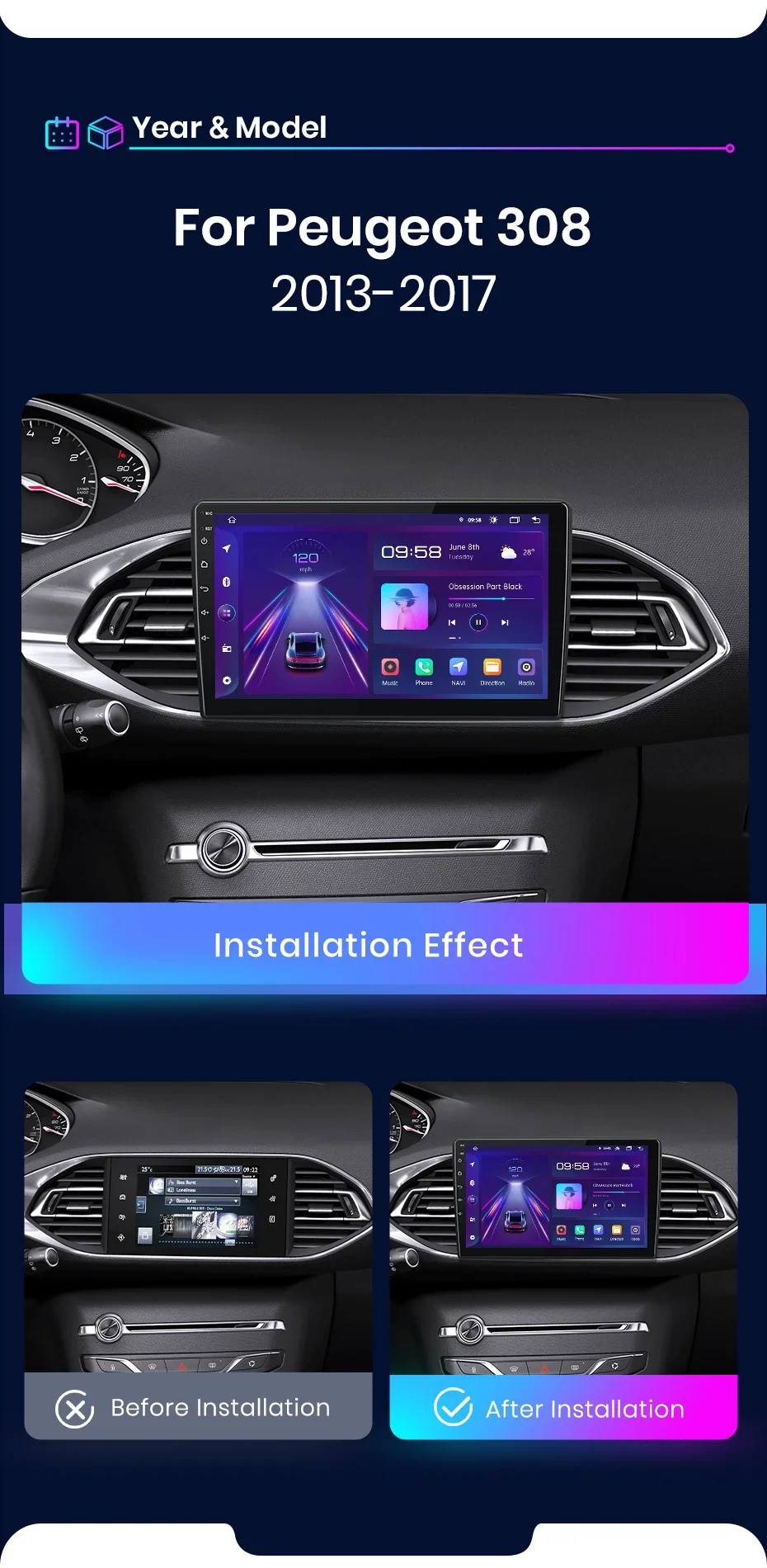 Junsun AI 4G LTE Wireless CarPlay Android Auto Autoradio für Peugeot 308 T9 308S 2013 2014 2015 2016 2017 GPS Navi BT DSP RDS FM – Detail 4
