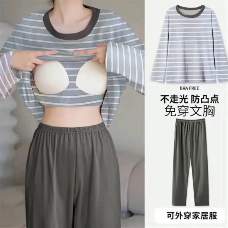 

L-4XL Autumn Pajamas Set Women Built in Bra Tops with Long Pants Comfy Loungewear Korean Simple Sleepwear Can Be Worn Outside