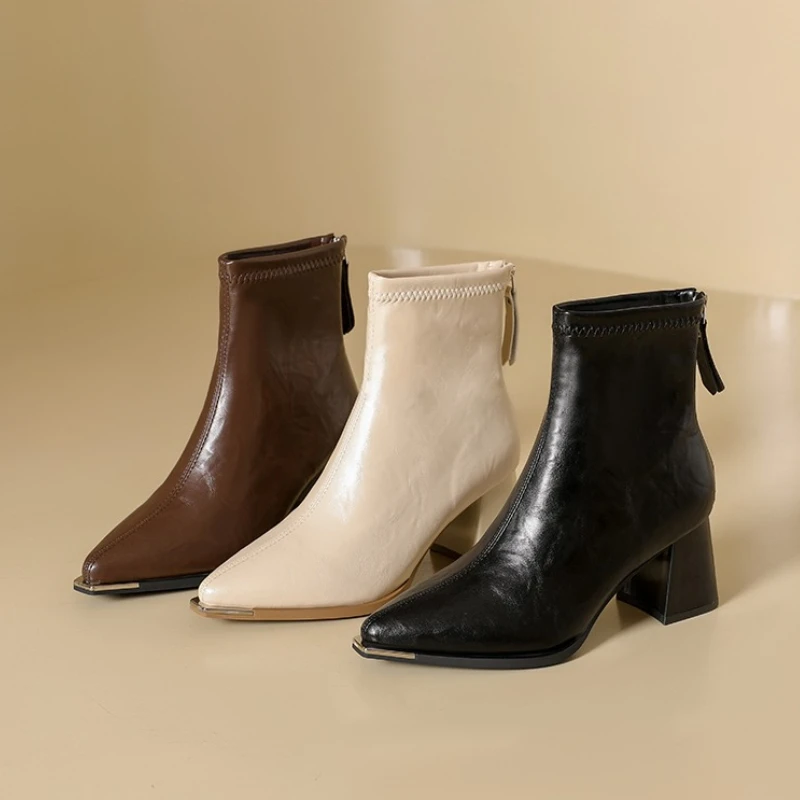 Thick Heel Pointed Toe Women Ankle Boots Fashion Keep Warm Slim Short Booties Autumn Winter Short Plush Female Shoes