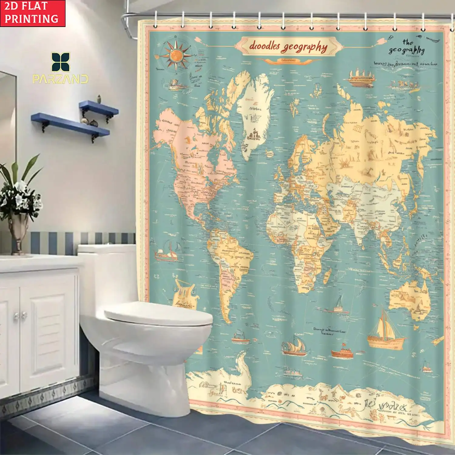 Nautical World Map Shower Curtain, Classic Vintage Globe Map With Sailing Vessels For Stylish Modern Home Bathroom Wall Use