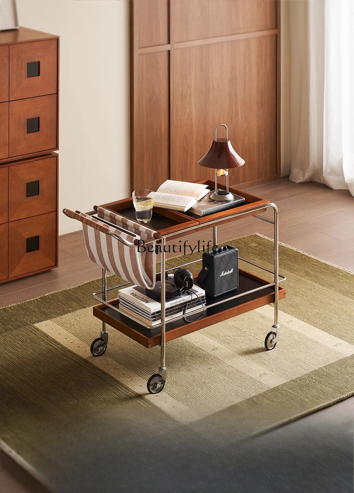 

trolley medieval movable coffee table rack stainless steel solid wood storage edge table