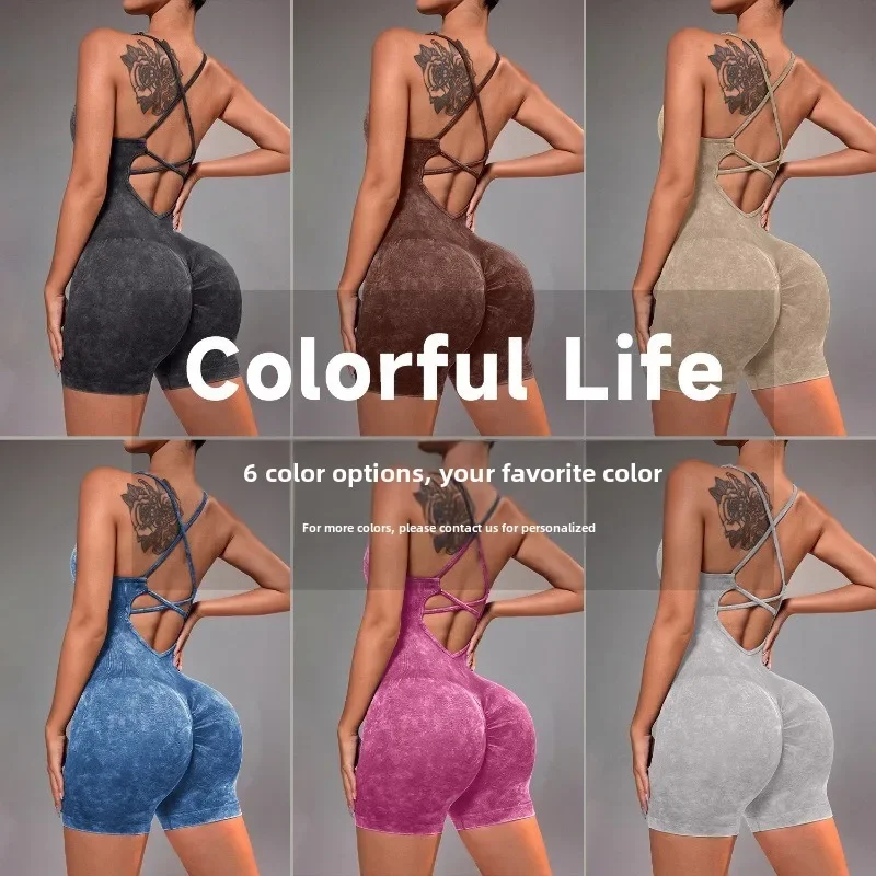 Women's Gym Yoga Set Tight Fitting Short High Elasticity Integrated Exercise Workwear Sports Bra Jumpsuit Gym Set Women