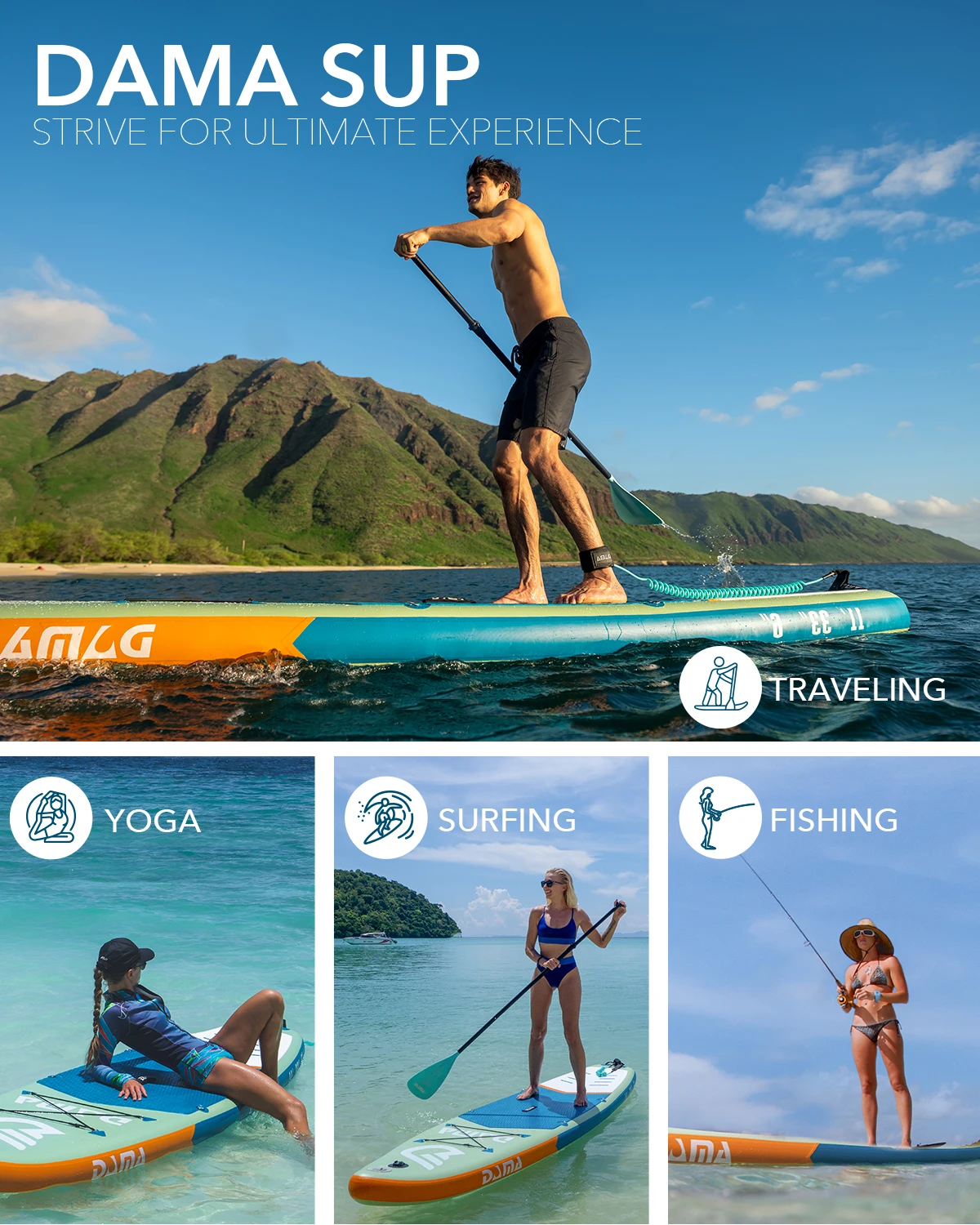 DAMA Inflável De Madeira Natureza Stand Up Paddle Board 11 '33 ''6'' Impermeável Yoga Paddleboard para Surf Pesca Esportes Aquáticos