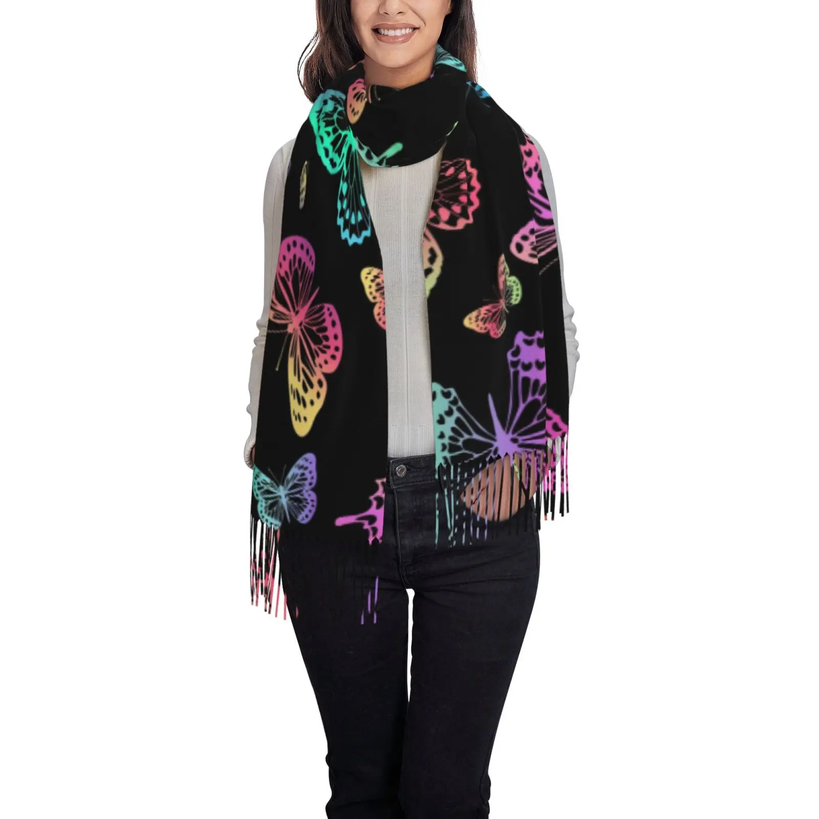 Women Colorful Rainbow Butterfly Print Shawl Scarf, Black Base Tassel Large Wrap, Soft Fashion Ladies Evening Cape Scarves